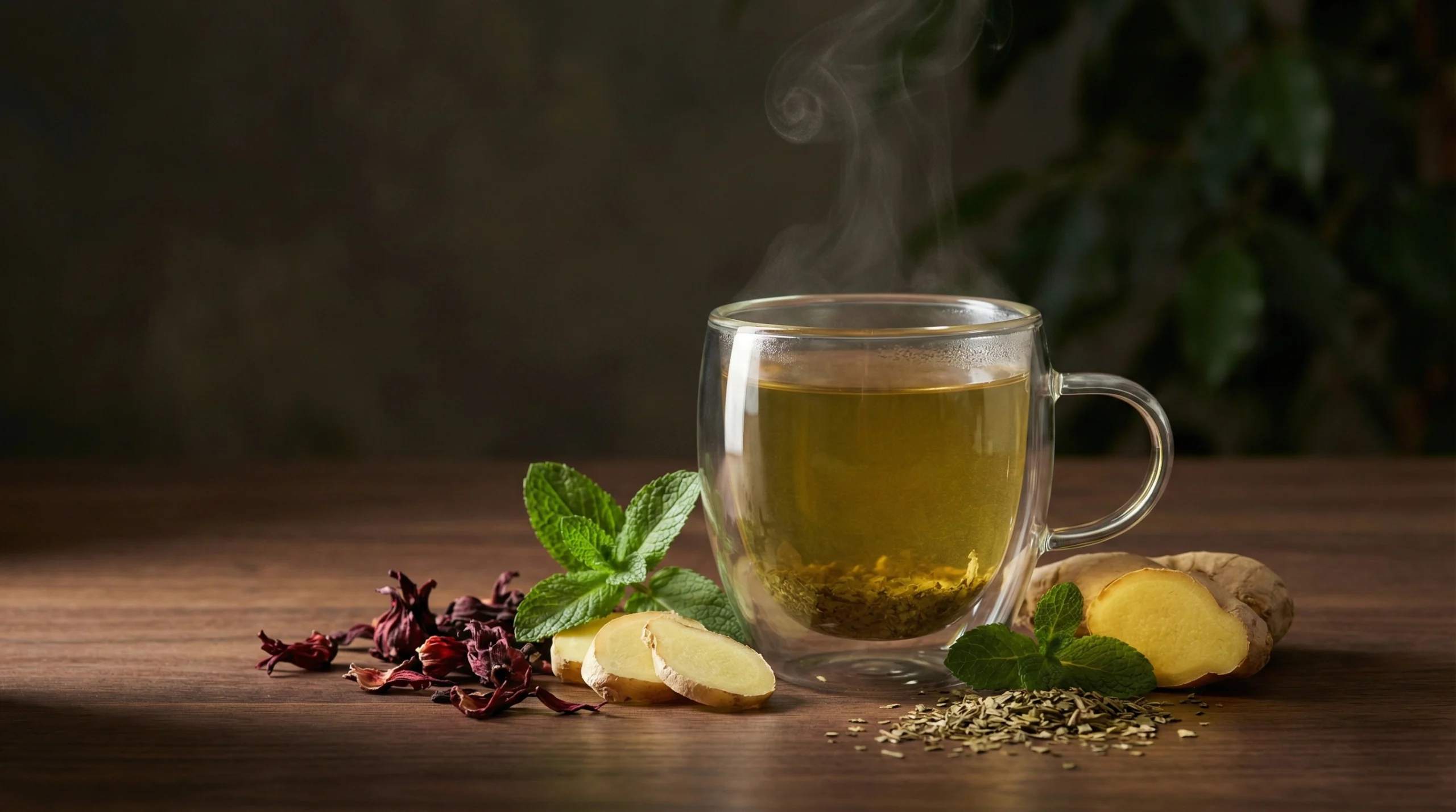 Şişkinlik için çay arayanlara özel hazırlanan; zencefil, nane ve hibiskus eşliğinde sunulan tortulu bitkisel detoks çayı.