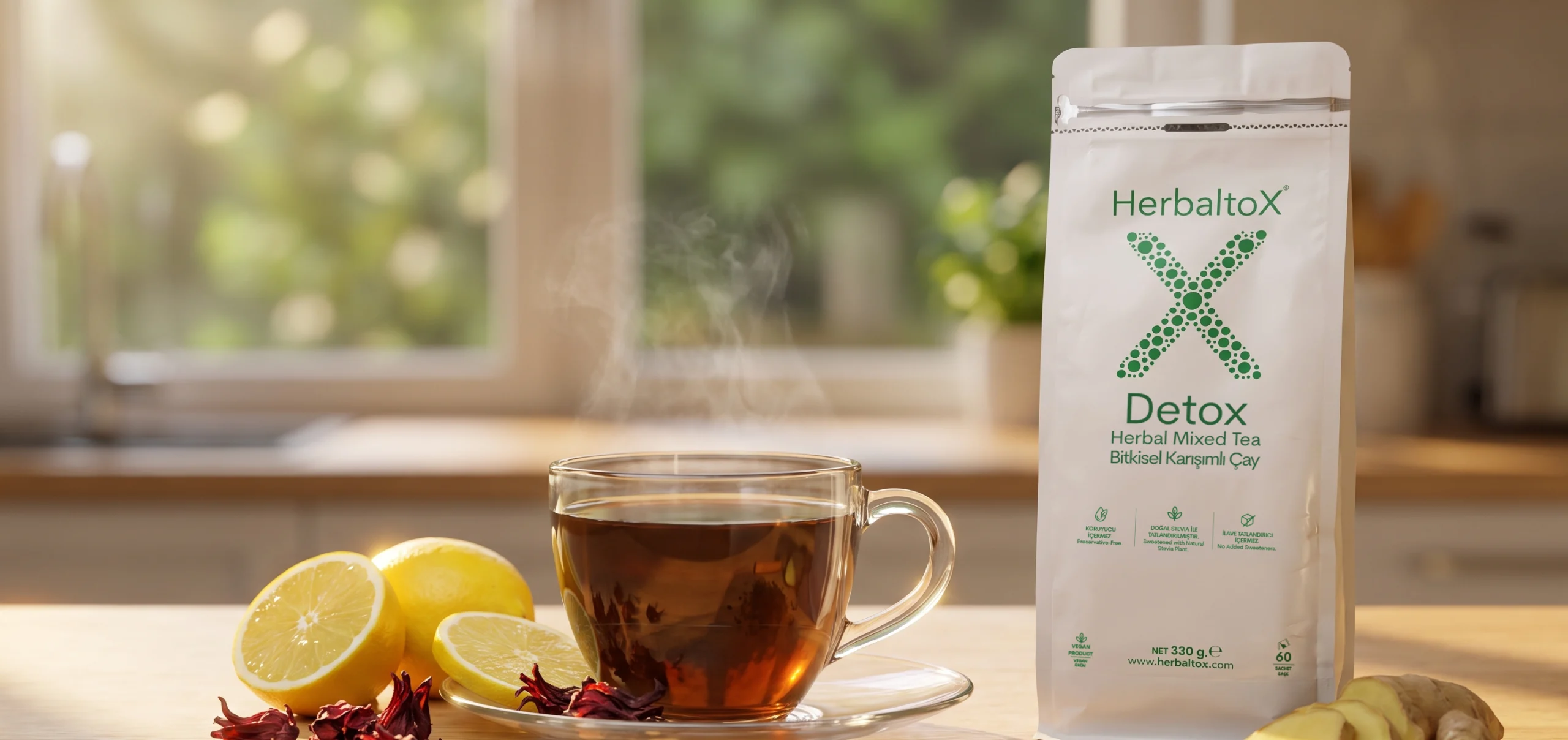 Sabah ışığında mutfakta bir fincan HerbaltoX bitki çayı ve paketi